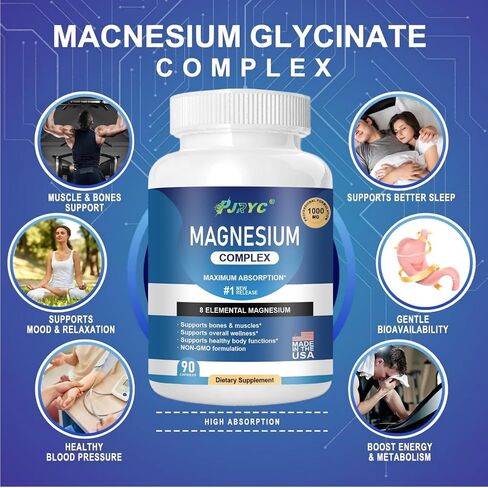 Magnesium Complex Supplement - 1000mg with 8 Magnesium Forms: Glycinate, Citrate, Malate, Taurate & Orotate - Supports Muscle Function, Bone Strength & Relaxation - Vegan, Non-GMO - 180 Capsules in Saudi Arabia