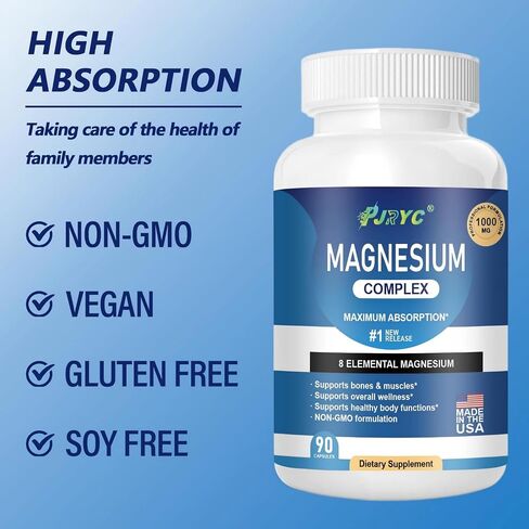 Magnesium Complex Supplement - 1000mg with 8 Magnesium Forms: Glycinate, Citrate, Malate, Taurate & Orotate - Supports Muscle Function, Bone Strength & Relaxation - Vegan, Non-GMO - 180 Capsules in Saudi Arabia
