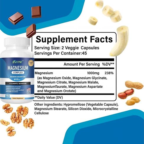 Magnesium Complex Supplement - 1000mg with 8 Magnesium Forms: Glycinate, Citrate, Malate, Taurate & Orotate - Supports Muscle Function, Bone Strength & Relaxation - Vegan, Non-GMO - 180 Capsules in Saudi Arabia
