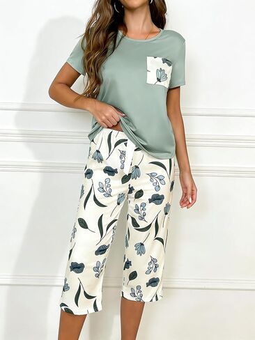 2PCS Women Pajama Loungewear, Floral Print Comfortable Short Sleeve Top and Mid-Length Pants, Relaxed Fit Home Sleep Set in Kuwait