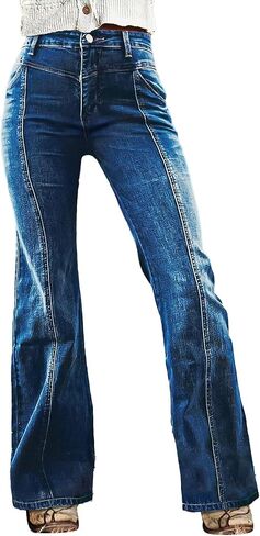 Flamingals Bootcut Mid Waist Wash Seam Detail Casual Jeans for Women with Pockets in Kuwait