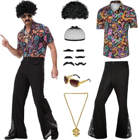 70s Disco Outfit Costume for Men, Include Shirt Bell Bottom Pants Wig Sunglasses Necklace Wig Cap, for Disco Party in Saudi Arabia