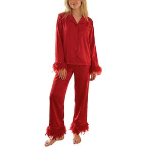 Women's Satin Pajamas Sets Feather Trim Long Sleeve Button Down Shirt And Elastic Waist Pant Silk Pj Lounge Set in Saudi Arabia