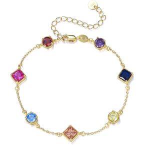 Birthstone Bracelet for Women, 925 Sterling Silver Plated 18k Gold Round/Square-Cut 5A Colored Cubic Zirconia Bracelet, Exquisite Jewelry Anniversary Birthday Gift for Wife Mother 7+2 " in Saudi Arabia