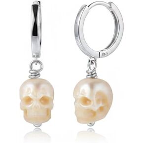 Dainty Skull Pearl Huggie Hoop Earrings, Hand-Carved Freshwater Pearl Skull Dangle Earrings, 925 Sterling Silver Rhodium Plated Gothic Hoop Earrings for Women in Saudi Arabia