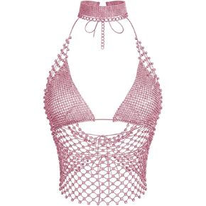 SweatyRocks Women's Rhinestone Fishnet Crop Halter Top Sexy Backless Cowl Neck Club Party Tops in Saudi Arabia