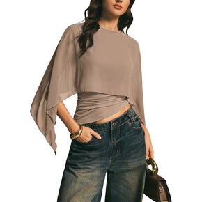 MakeMeChic Women's Asymmetrical Crop Tops Dressy Blouse Chiffon Mesh Sheer Summer Going Out Tops in Saudi Arabia