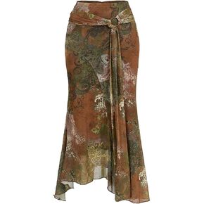 Verdusa Women's Long Midi Skirt Western Boho Vintage Graphic Mesh Ruffle Asymmetrical Skirts Country Concert Outfits in Kuwait