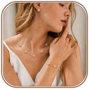 Gold Necklaces Bracelets Earring Set - 18K Gold Plated Flower Bracelet Chain,Stainless Steel Non Tarnish Floral Pendant Stud Jewelry Sets,Christmas Birthday Lucky Gift for Mom Wife Daughter Girlfriend in Saudi Arabia
