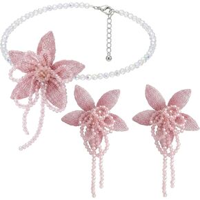Statement Mesh Flower Earrings Choker for Women Summer Spring Pink Vintage Fashion Beaded Crystal Floral Stud Necklace for Beach Party Wedding in Saudi Arabia