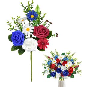 Patriotic Artificial Flower Bouquet Red White and Blue Roses and Daisies 4th of July Independence Day Memorial Day Table Centerpiece Holiday Party Art Decoration Supply in Saudi Arabia