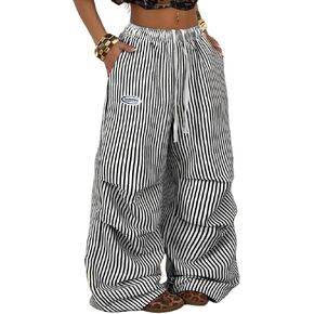 Women Wide Leg Cargo Pants Striped High Waisted Baggy Lounge Trousers with Pockets Casual Y2K in Saudi Arabia