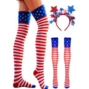 4 of July Stocking Headband Patriotic Costume for Women | Striped Over Knee Red White Blue Independency Day Stockings and Hair Hoop in Saudi Arabia