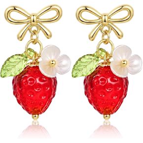 Cute Strawberry Earrings for Women, Bow Knot 3D Fruit Earring Glass Bead Strawberry Stud Jewelry for Summer Party Birthday Halloween in Saudi Arabia
