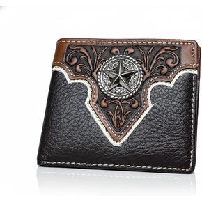 Men’s Short Leather Wallet – Hand Tooled Floral Design with Lone Star Concho – Western Cowboy Bifold Wallet for Texans, Ranchers & Rodeo Gift Ideas in Saudi Arabia