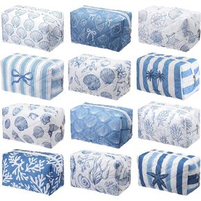 Hillban 12 Pcs Seashell Quilted Cosmetic Bag Bulk for Women Summer Beach Makeup Bag Seashell Themed Zipper Pouch Travel Toiletry Pouch Beach Kit Organizer Pouches Ocean Coastal Party Favor in Saudi Arabia