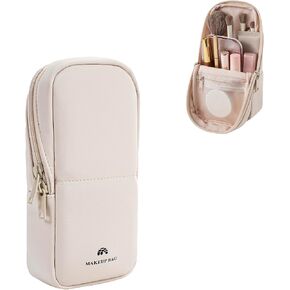 Standing Travel Makeup Bag,Brush Holder, Small Waterproof PU LeatherMakeup Bag,Cosmetic Bag with Compartments,Portable Brush Storage Dustproof Bag Case(01Beige) in Saudi Arabia