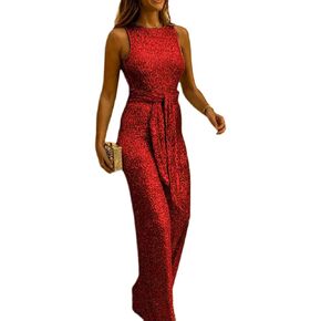 Womens Metallic Sleeveless Jumpsuits Cocktail Backless Belted High Waist Wide Leg Long Pant Romper Silver in Saudi Arabia