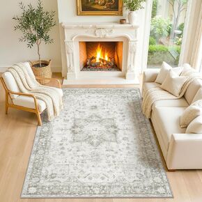 LIVELYGLOW 5x7 Washable Area Rug for Living Room Bedroom, Retro Printed Traditional Vintage Rug, Non-Slip Foldable Large Carpet for Dining Room Home Decor, Beige in Saudi Arabia