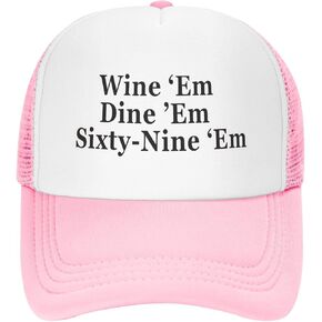 Wine Em Dine Em Sixty Nine Trucker Hat Funny Baseball Caps Unisex Classic Mesh Fishing Hat for Men and Women Pink in Saudi Arabia