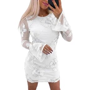 CHICME Women Floral Mesh Mini Dress Long Bell Sleeve Sexy Bodycon Dress Crew Neck Cocktail Dresses for Summer Party Club in Kuwait