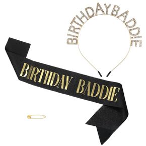 Birthday Baddie Crown and Sash Set for Women & Men, Black Glitter Sash with Gold Foil, Rhinestone Tiara Headband, Happy Funny Decorations Baddie Accessories Birthday Party Favors Supplies in Saudi Arabia