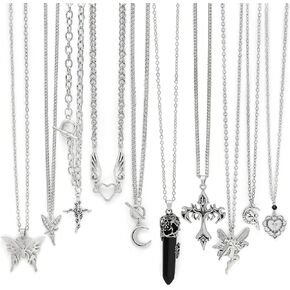 Fscwlmon 10PCS Layered Grunge Y2K Goth Necklace Set for Women Men Gothic Cross Thorns Butterfly Goth Heart Feather Choker Vintage Grunge Witchy Alternative Jewelry Y2K Alt Emo Scene Accessory Gift in Saudi Arabia