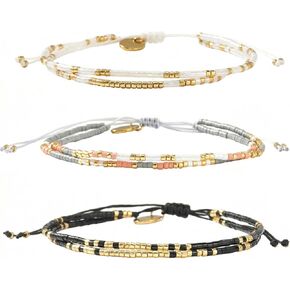 Boho Beaded Strand Friendship Bracelets set for Women,Adjustable Dainty Handmade Stackable White Gray Black 3PCS Couples String Rope Bracelet Bohemia Jewelry Gift in Saudi Arabia