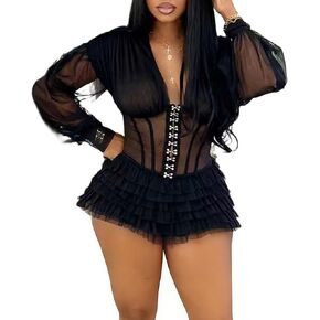 Tcremisa Womens Romper Casual Long Sleeve Mesh Patchwork Layered See Through Ruffle Jumpsuit One Piece Clubwear in Saudi Arabia