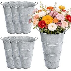 12 Inch Galvanized Metal Flower Buckets, Set of 6 - Rustic Tin Vases with Handles for Farmhouse & Wedding Decor, Tall Planters for Cut Flowers, Table Centerpiece & Home Organization in Saudi Arabia