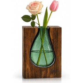Adkoat® Wood and Glass Vase - 9.5" Green Glass Nordic Live Edge Vase for Flower - Wooden Flower Vase with Wood Base - Unique Modern Decorative - Shelf Desk Coffee Table Entryway Centerpiece Home Decor in Saudi Arabia
