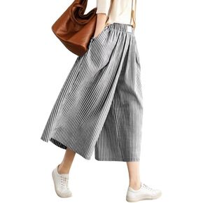 Marvmys Women's Cotton Capri Pants Striped Elastic Waist Casual Wide Leg Palazzo Culottes Pants with Pockets S-2XL in Saudi Arabia