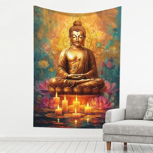 Candle Zen Tapestry Buddha Tapestry Spiritual Meditation Wall Hanging Buddhist Wall Art Indian Zen Lotus Flower Tapestries Sacred Yoga Room Decor Wall Hanging For Bedroom Living Room Decor 60"X80" in Saudi Arabia