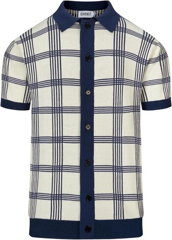 OXKNIT Men's Knit Short Sleeve Shirts Button Down Vintage Knitted Polo Shirt Dark Blue Stripes Beige Polo Knitwear in Saudi Arabia