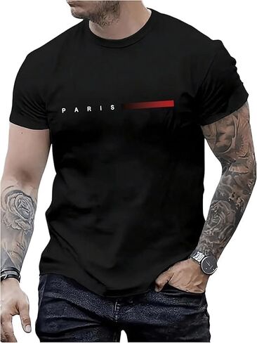 Men's Letter Print Short Sleeve T Shirt Round Neck Summer Casual Tee Tops in Kuwait
