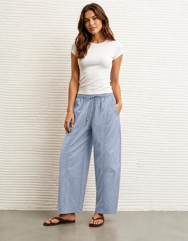 Lviefent Womens Barrel Parachute Pants Casual Elastic Waist Lightweight Crop Wide Leg Pants with Pockets (Dustyblue-M) in Saudi Arabia