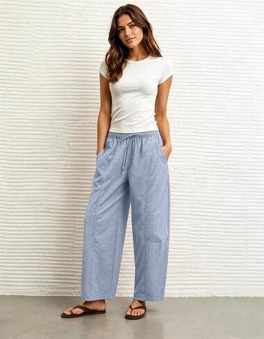 Lviefent Womens Barrel Parachute Pants Casual Elastic Waist Lightweight Crop Wide Leg Pants with Pockets (Dustyblue-M) in Saudi Arabia