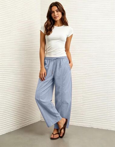 Lviefent Womens Barrel Parachute Pants Casual Elastic Waist Lightweight Crop Wide Leg Pants with Pockets (Dustyblue-M) in Saudi Arabia