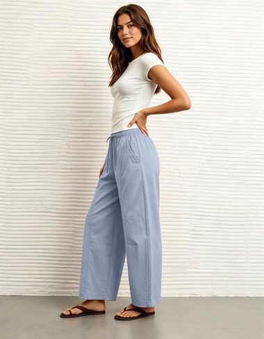 Lviefent Womens Barrel Parachute Pants Casual Elastic Waist Lightweight Crop Wide Leg Pants with Pockets (Dustyblue-M) in Saudi Arabia