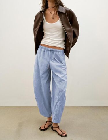 Lviefent Womens Barrel Parachute Pants Casual Elastic Waist Lightweight Crop Wide Leg Pants with Pockets (Dustyblue-M) in Saudi Arabia