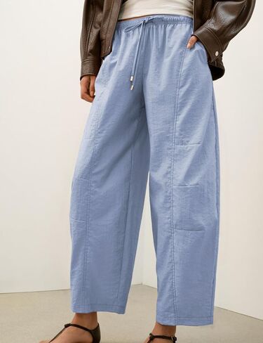 Lviefent Womens Barrel Parachute Pants Casual Elastic Waist Lightweight Crop Wide Leg Pants with Pockets (Dustyblue-M) in Saudi Arabia