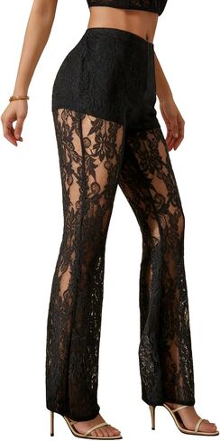 Floral Lace Pants for Women, Sheer Mesh Flare Leg Elastic High Waist Trousers in Saudi Arabia