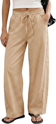 Cicy Bell Womens Wide Leg Striped Pants High Waisted Baggy Casual Barrel Drawstring Lounge Trousers with Pockets in Kuwait