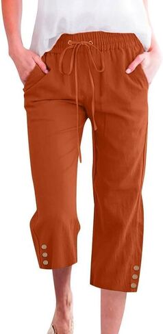 Womens Summer Capris Pants Causal Drawstring Elastic Waist Pants Lightweight Trousers Buttons Trim with Pockets in Saudi Arabia