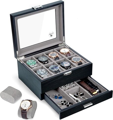 Slege Watch Case for Men,2-Tier Watch Box 8 Solt,Watch Storage Box with Glass Lid,Watch Organizer,Wood Watch Stand,Watch Holder Display Case,Men's Jewellery Box,Watch Pillows,for Men Women,Gift in Kuwait