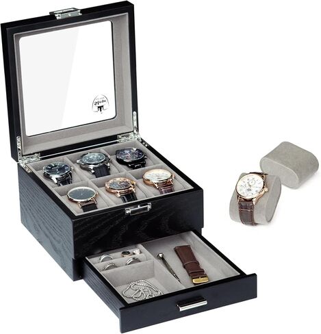 Slege Watch Case for Men,2-Tier Watch Box 8 Solt,Watch Storage Box with Glass Lid,Watch Organizer,Wood Watch Stand,Watch Holder Display Case,Men's Jewellery Box,Watch Pillows,for Men Women,Gift in Kuwait