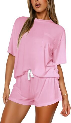 Women's 2-Piece Pajama Set Short Sleeve Top & Shorts Ultra Soft Loungewear with Pockets in Saudi Arabia