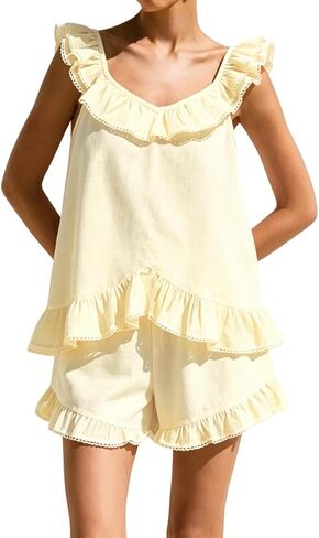 Womens Ruffle Pajamas Sets Fashion Summer Sleeveless Lace Trim Top and Shorts Cotton Short Set in Saudi Arabia