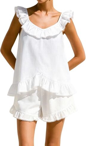 Womens Ruffle Pajamas Sets Fashion Summer Sleeveless Lace Trim Top and Shorts Cotton Short Set in Saudi Arabia