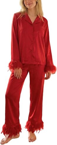 Women's Satin Pajamas Sets Feather Trim Long Sleeve Button Down Shirt And Elastic Waist Pant Silk Pj Lounge Set in Saudi Arabia